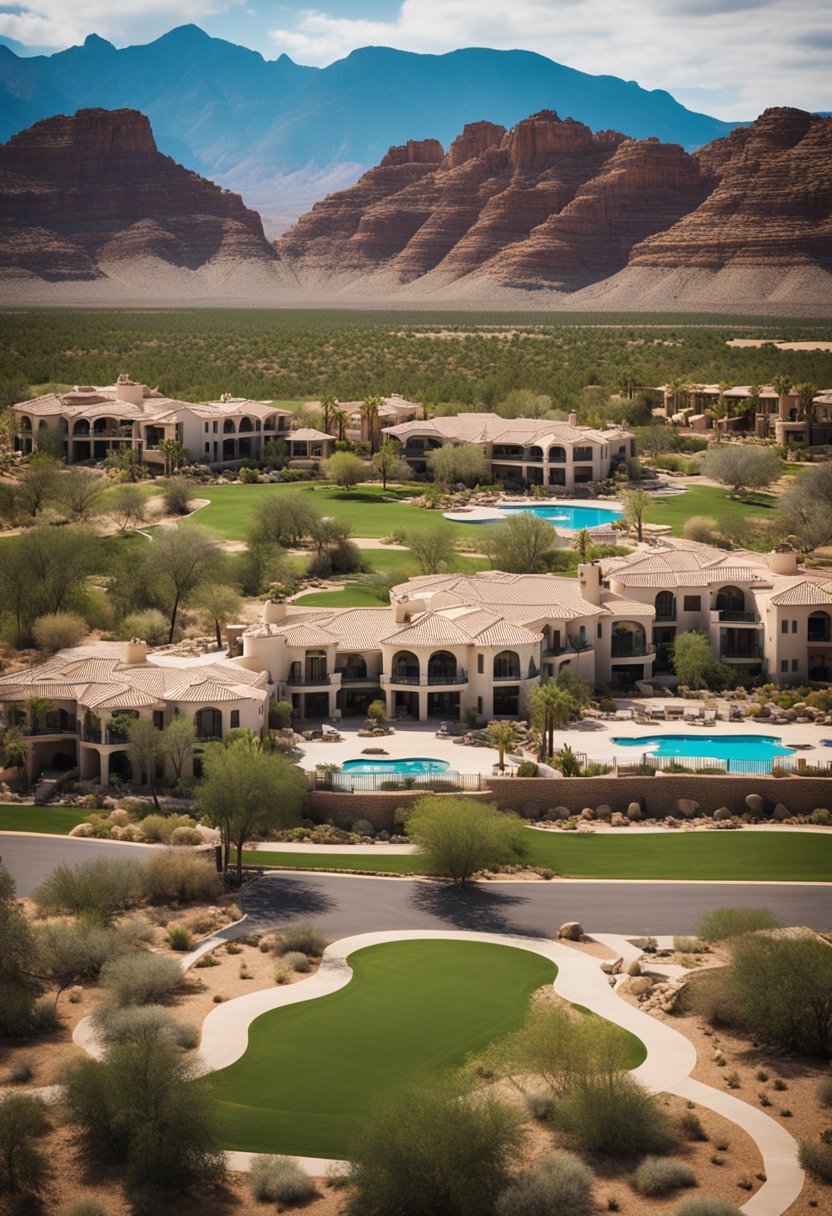 A scenic view of 10 luxurious resorts nestled in the picturesque Arizona landscape, surrounded by mountains and desert terrain