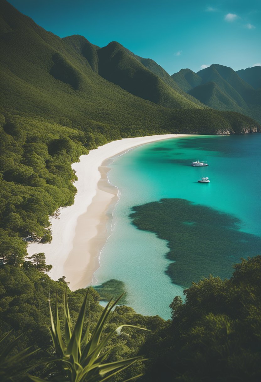 A serene bay with golden sands, clear turquoise waters, and lush green mountains in the distance