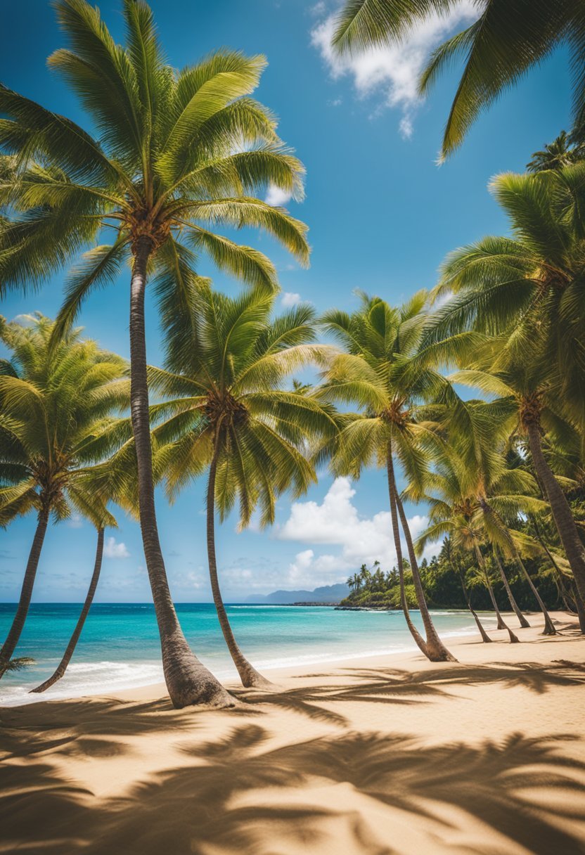 Golden sand, clear blue waters, palm trees, and lush greenery at Poipu Beach Park, one of the 7 best beaches in Kauai