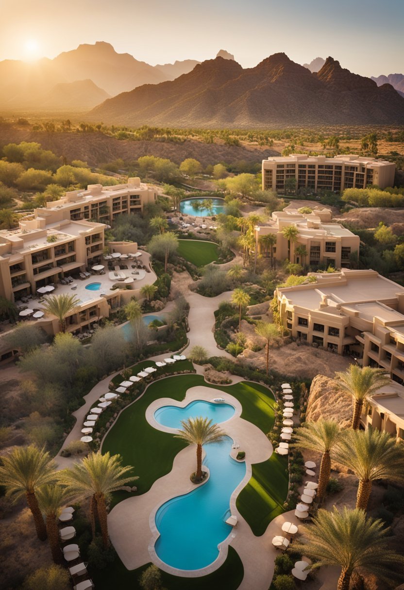 Aerial view of The Canyon Suites at The Phoenician, surrounded by lush desert landscaping and the rugged beauty of the Arizona landscape