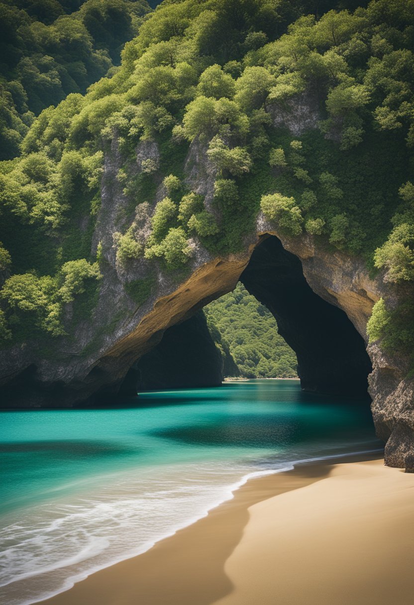 Clear turquoise waters lap gently against the golden sandy shore of Tunnels Beach, framed by lush greenery and rugged cliffs