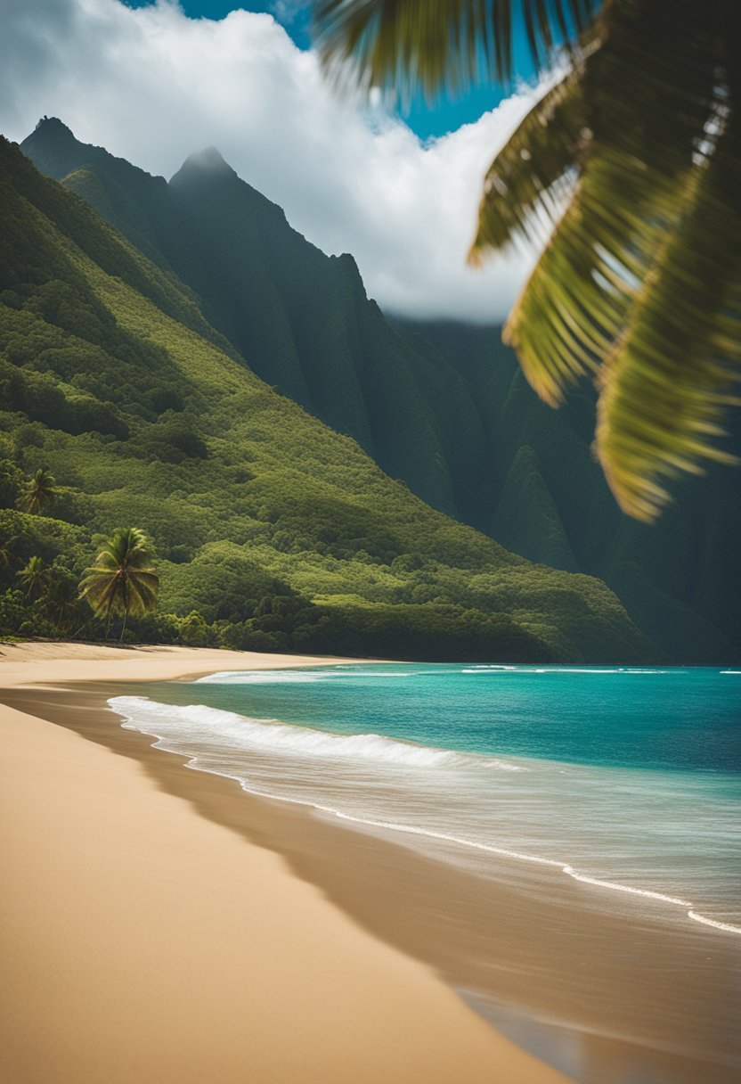 A serene beach scene with golden sand, turquoise water, and lush greenery along the coast of Anini Beach in Kauai