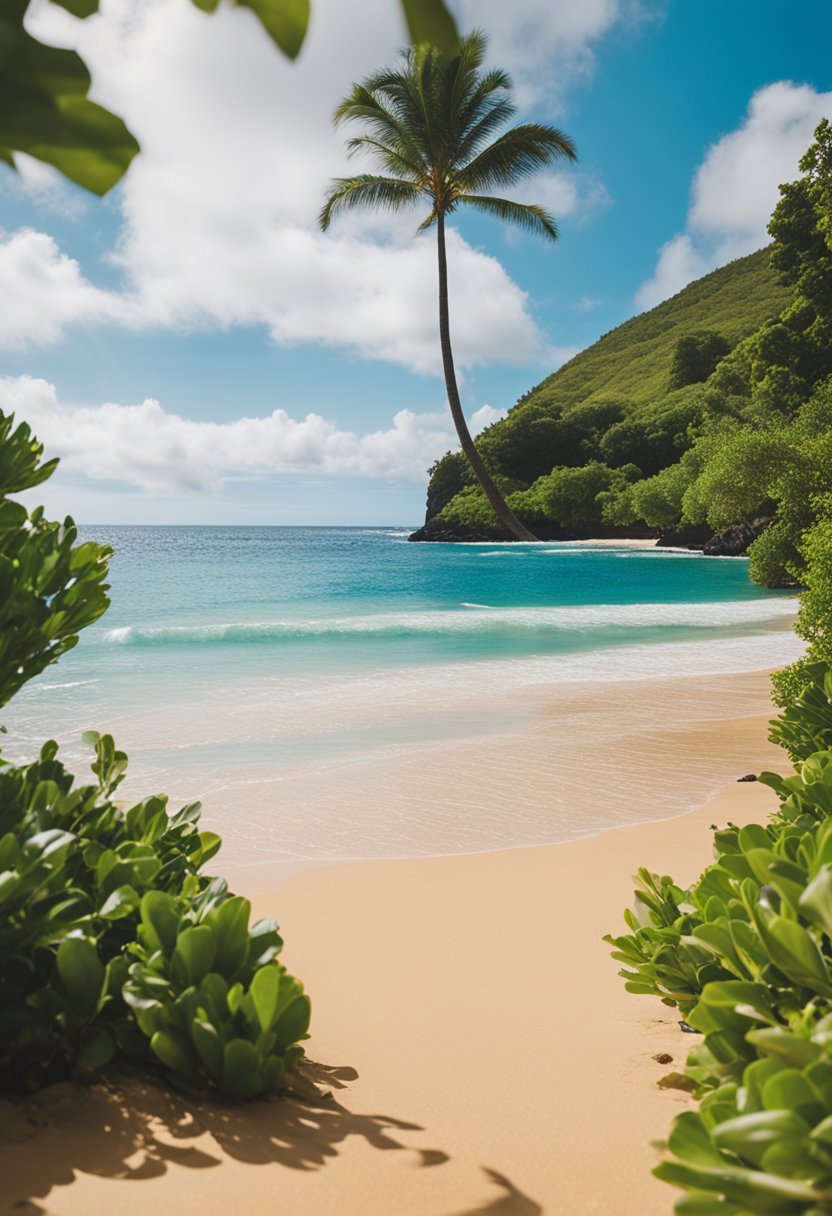 A serene beach with golden sand, clear turquoise waters, and lush greenery at Lydgate Beach Park, one of the best beaches in Kauai