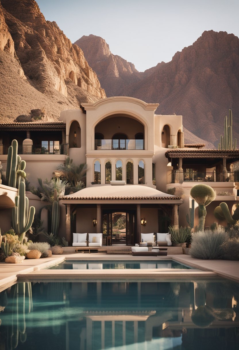 A luxurious desert resort nestled among rugged mountains and cacti, with elegant adobe-style architecture and a serene oasis pool