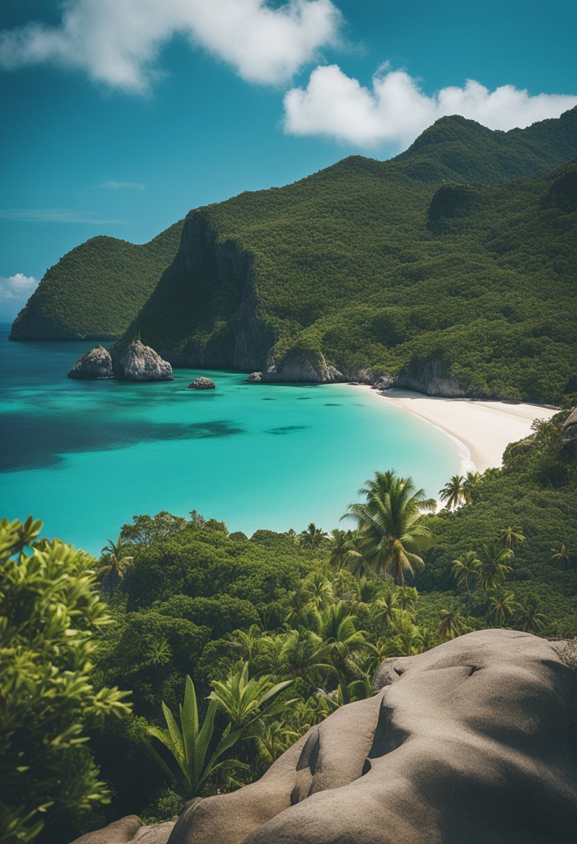 A tropical beach with turquoise waters, golden sand, and lush greenery, surrounded by rugged cliffs and a clear blue sky