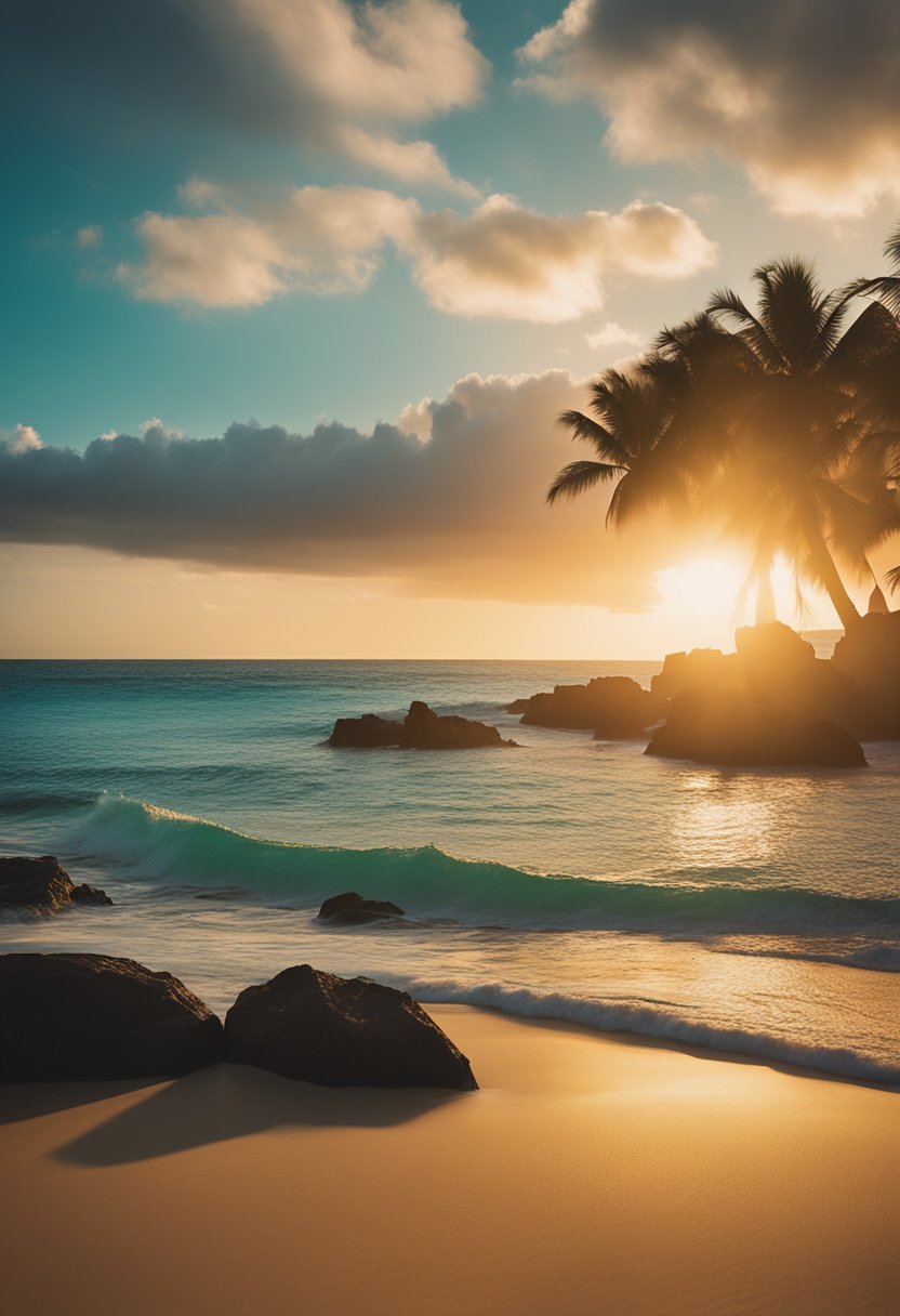 The sun sets behind jagged cliffs, casting a warm glow over the golden sands of Shipwreck Beach. Turquoise waves crash against the shore, as palm trees sway in the gentle breeze