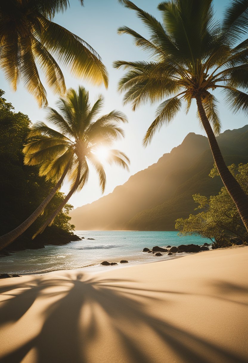 Golden sunlight illuminates the turquoise waters and white sandy beaches of Kauai, with palm trees swaying gently in the warm breeze