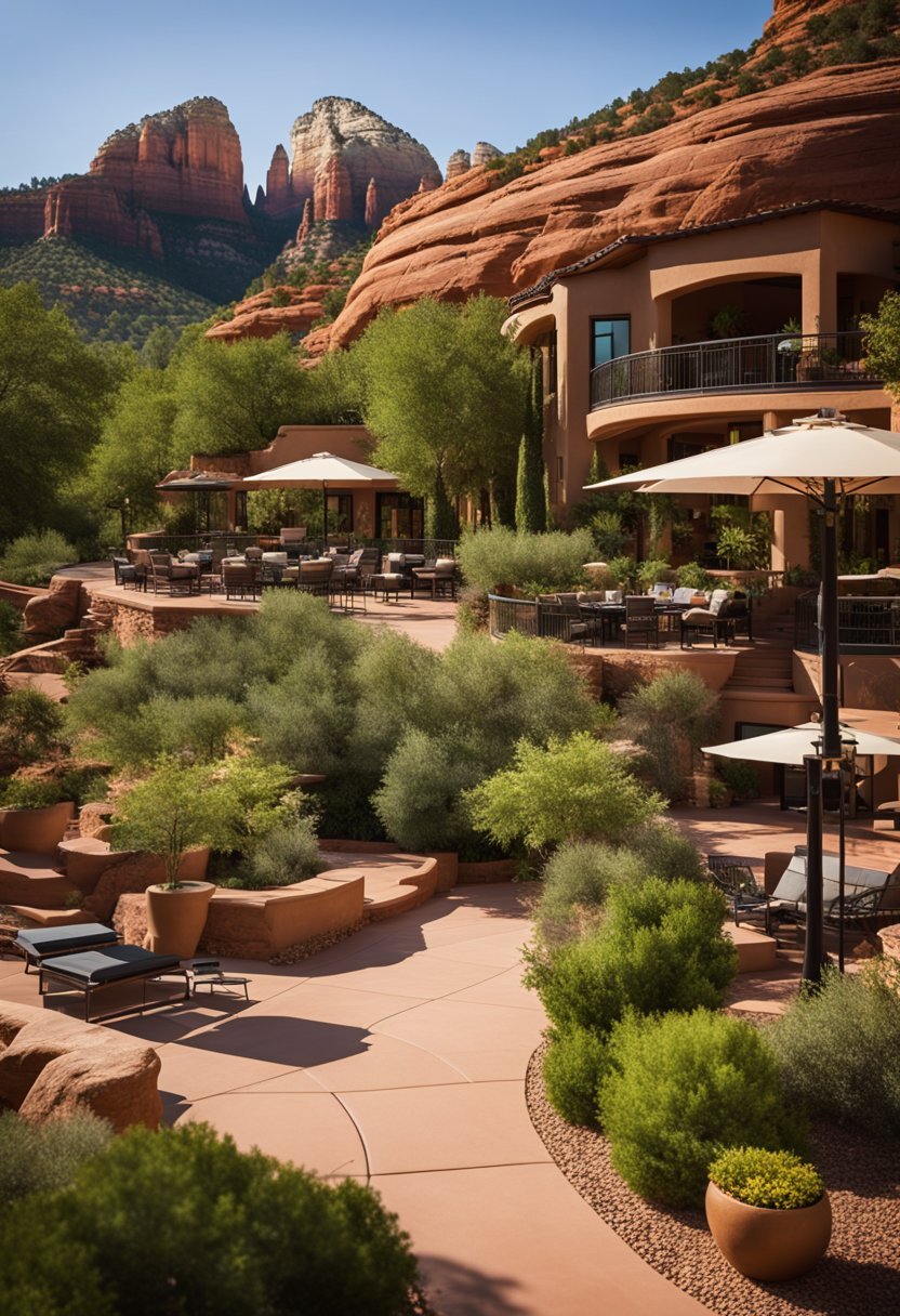 A luxurious resort nestled in the red rock landscape of Sedona, featuring elegant architecture, lush gardens, and a tranquil spa