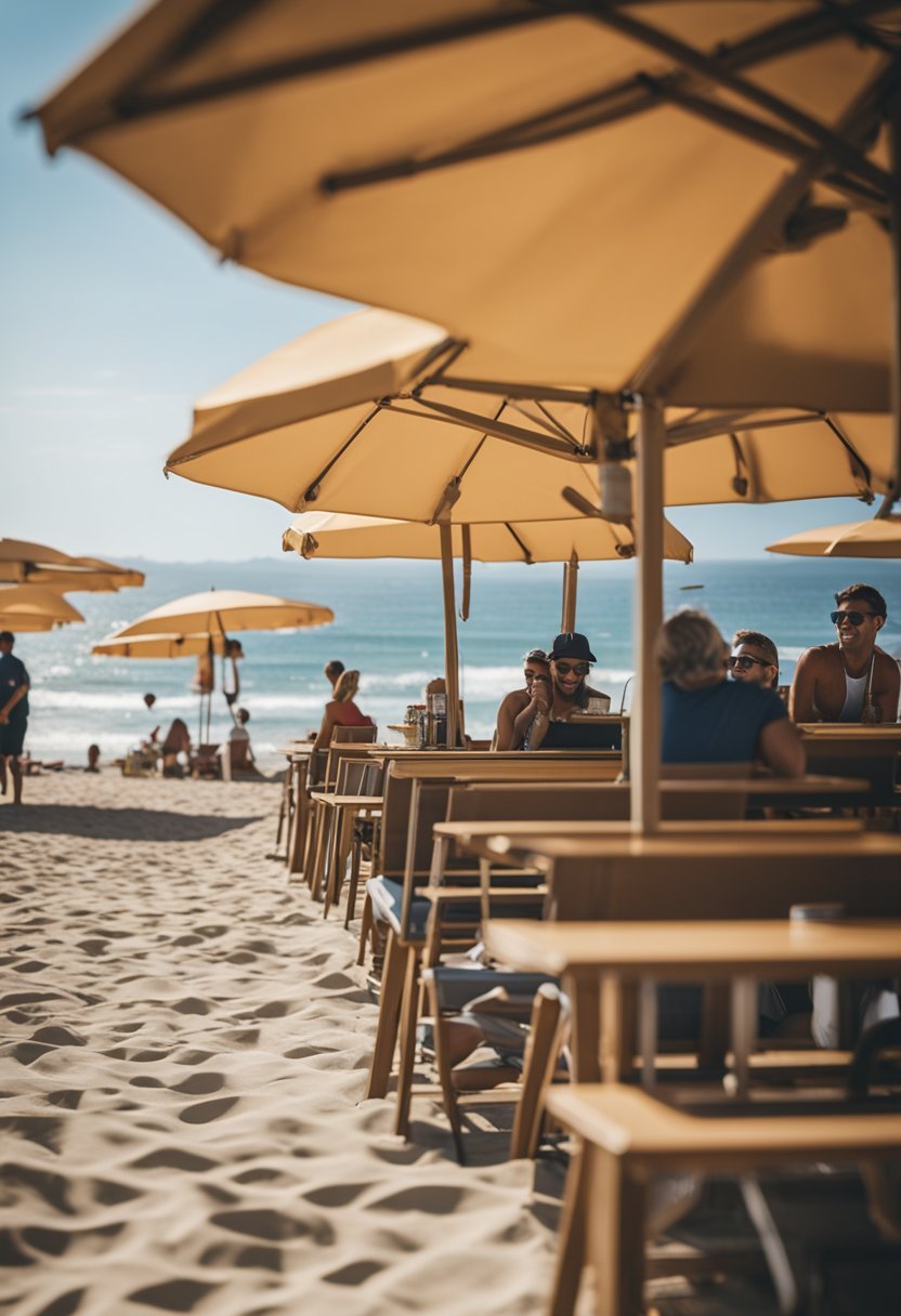 People lounging, swimming, and playing beach volleyball. Umbrellas, chairs, and surfboards line the shore. A food truck and restroom facilities are nearby