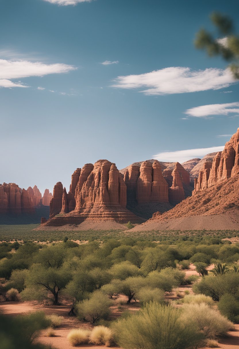 A sprawling desert resort nestled beneath towering red rock formations, with luxurious adobe-style buildings and lush greenery