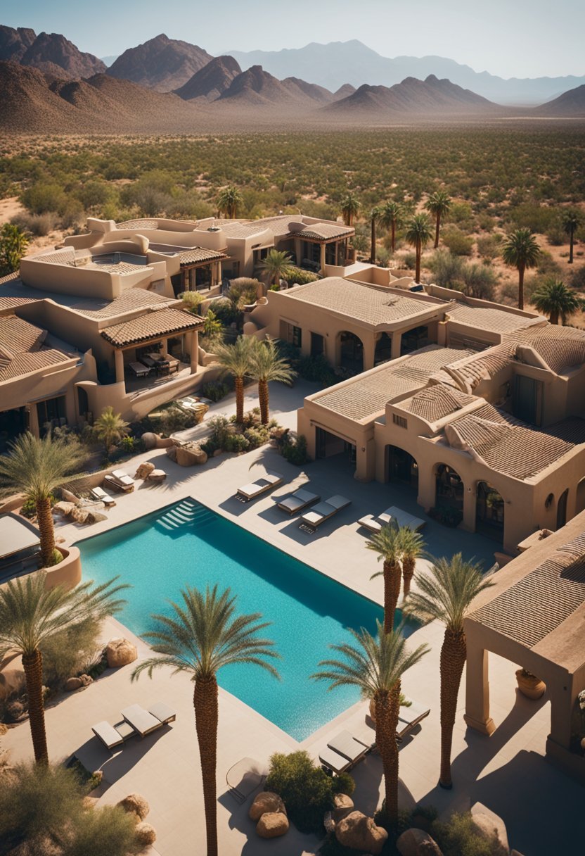 A sprawling desert resort with adobe-style buildings, palm trees, and a luxurious pool area surrounded by the Sonoran Desert landscape