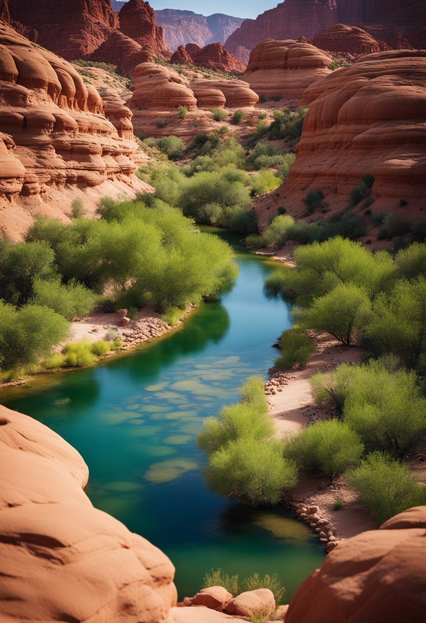 A tranquil desert oasis with adobe-style buildings nestled among red rock formations, surrounded by lush greenery and a flowing river