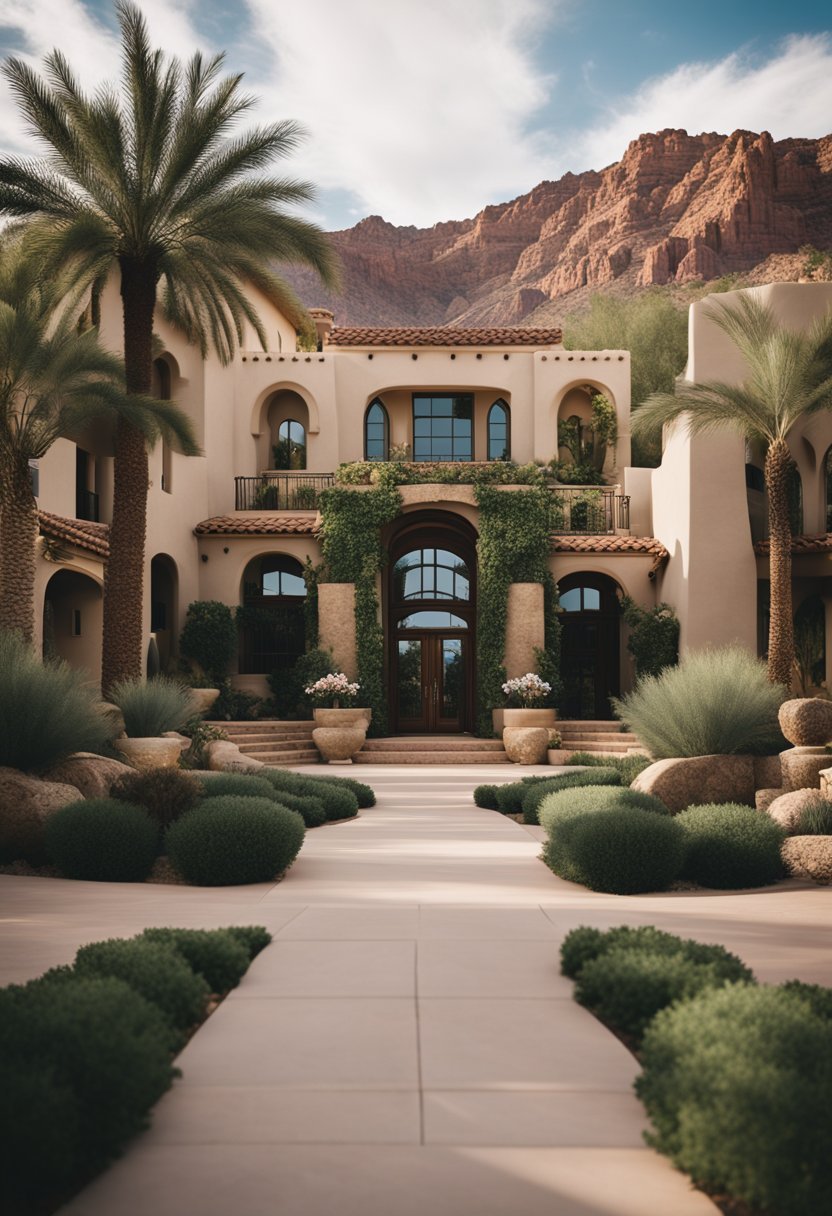 A luxurious resort nestled in the Arizona desert, surrounded by rugged mountains and lush greenery, with a grand entrance and elegant architecture