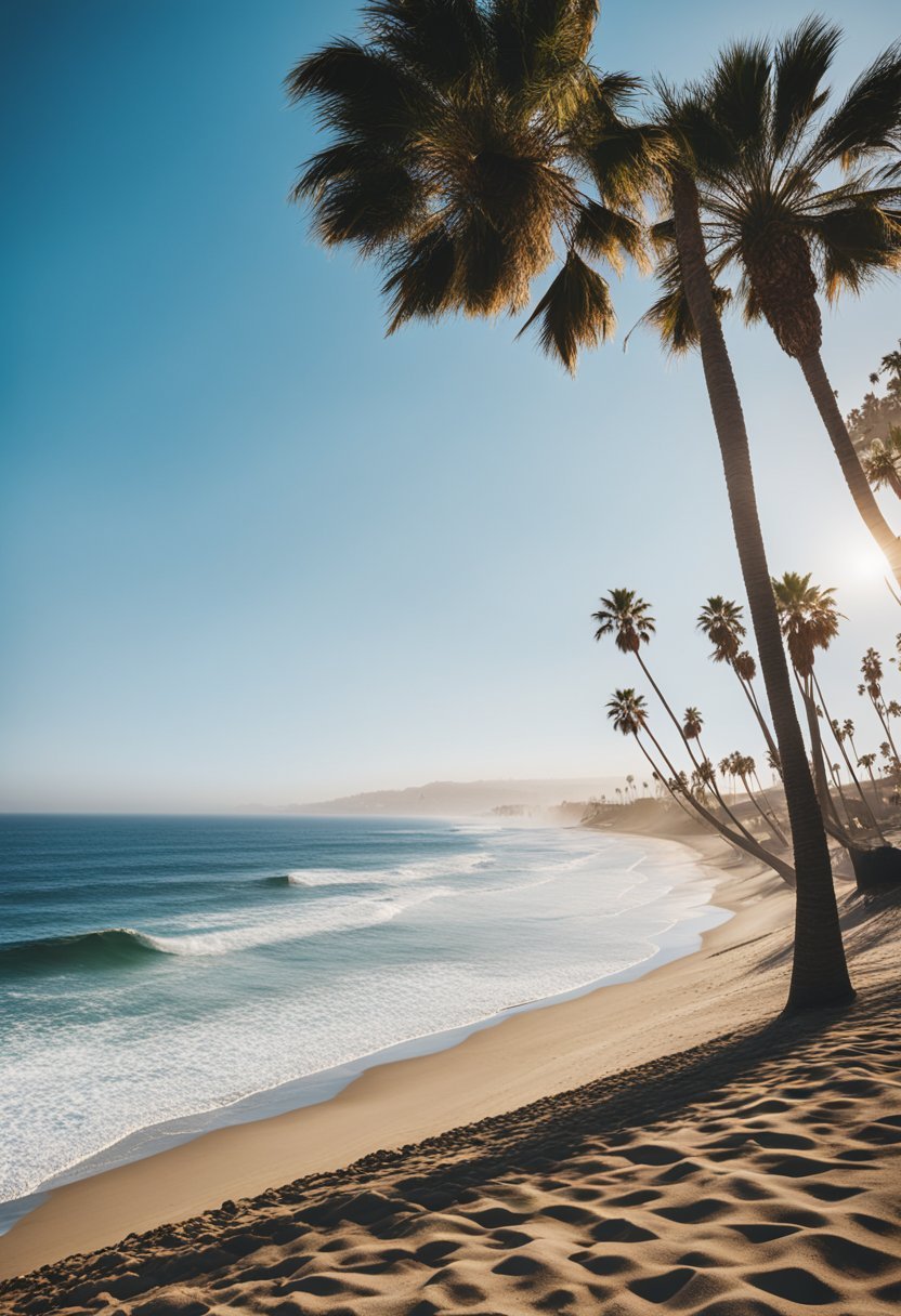 Palm trees line the sandy shore as waves crash against the vibrant beach of Los Angeles, with a clear blue sky overhead