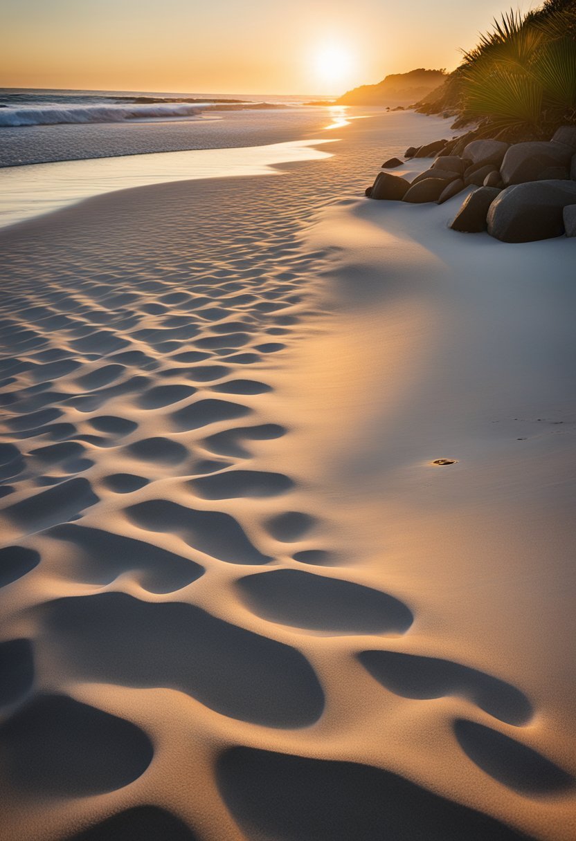 The sun sets over the pristine white sands of Carbon Beach, with luxurious beachfront properties lining the shore and the gentle waves of the Pacific Ocean lapping at the beach