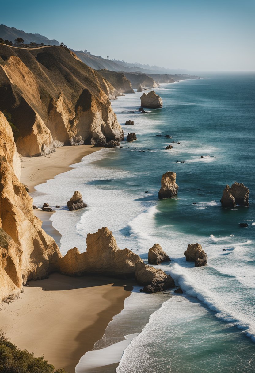 Golden cliffs and crashing waves at El Matador Beach, one of LA's top 7 beaches