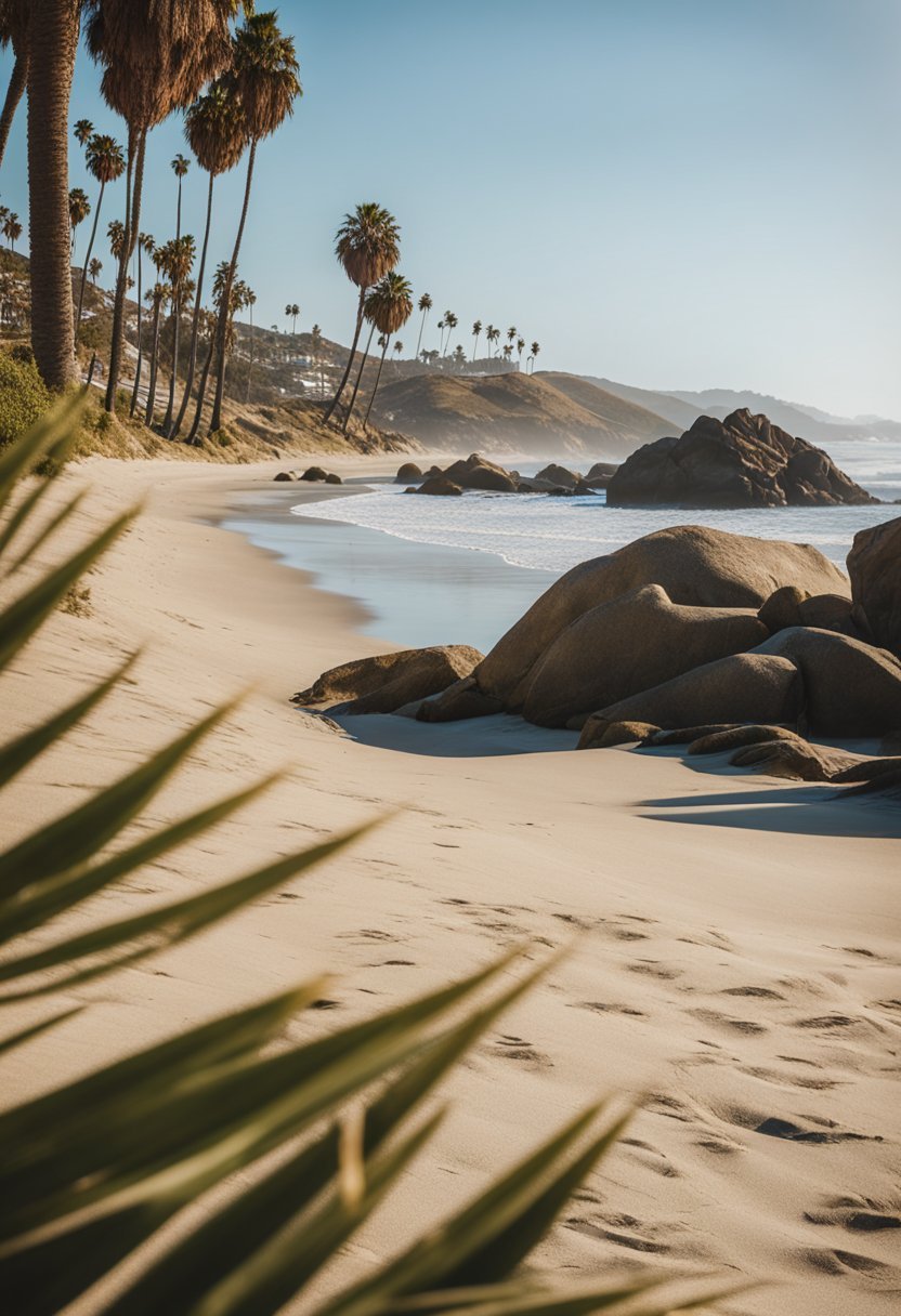 Golden sand stretches along the shore, meeting the sparkling blue waves of Leo Carrillo State Beach, one of the 7 best beaches in Los Angeles. Palm trees sway in the gentle breeze, completing the idyllic coastal scene