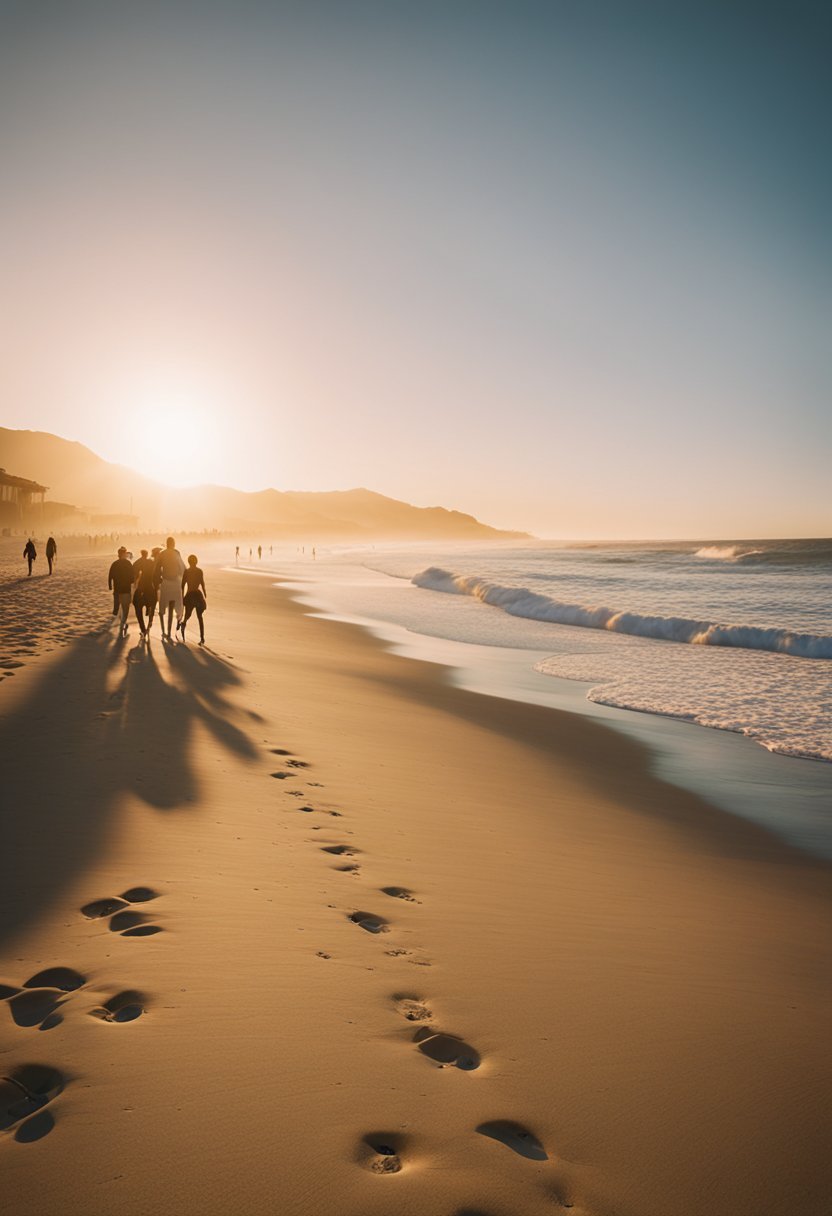 The sun sets over Zuma Beach, casting a warm glow on the golden sand and crashing waves. Surfers catch the last waves of the day as beachgoers relax and enjoy the stunning view