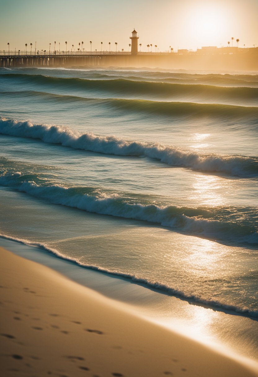 Golden sand meets turquoise waves at Manhattan Beach, one of LA's top 7 beaches. Sunbathers and surfers dot the shore under a clear blue sky