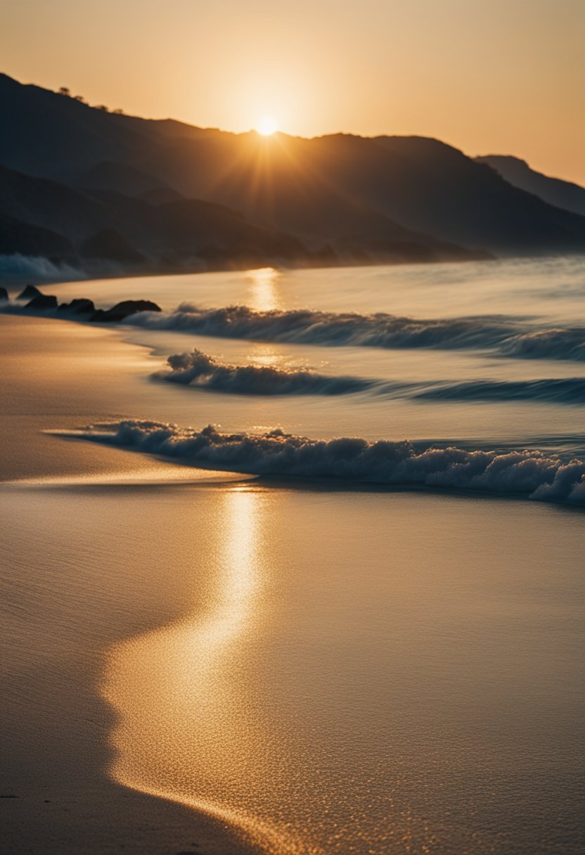 The sun sets over the calm, sandy shore of Paradise Cove Beach, with gentle waves lapping at the shore under a clear blue sky