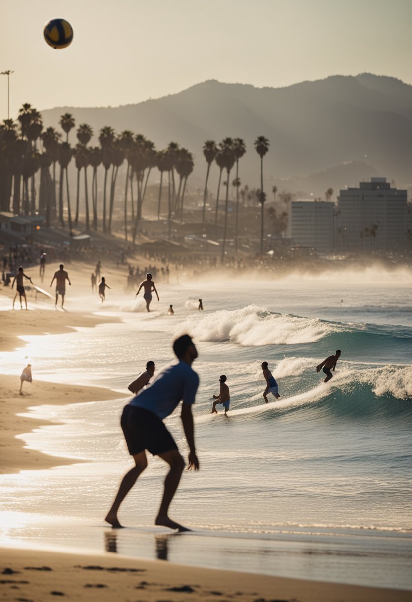 People playing volleyball, surfing, and sunbathing on the sandy shores of Los Angeles' best beaches