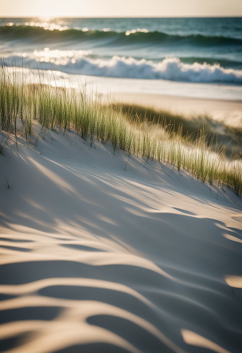 Glistening waves crash against the sandy shore of Emerald Isle's best beaches in North Carolina, framed by towering dunes and swaying sea oats