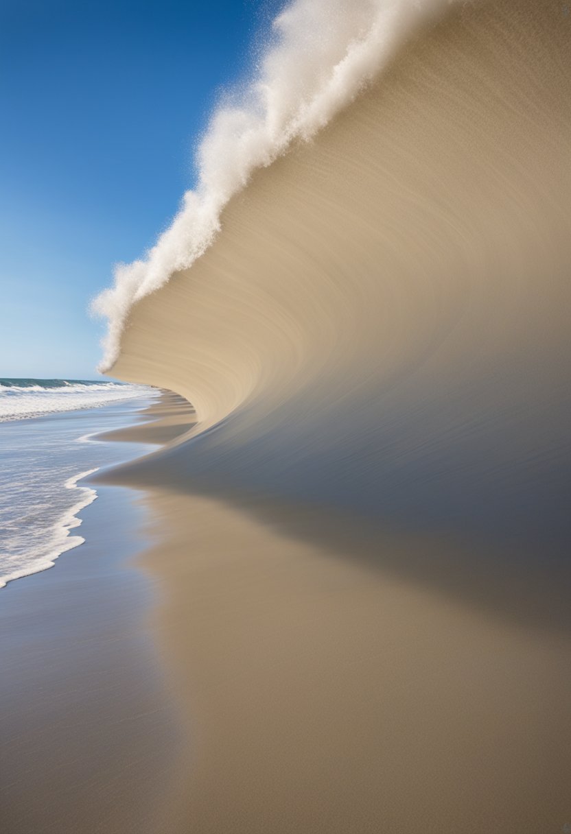 The wide sandy beaches of Cape Hatteras stretch along the North Carolina coast, with crashing waves and clear blue skies above