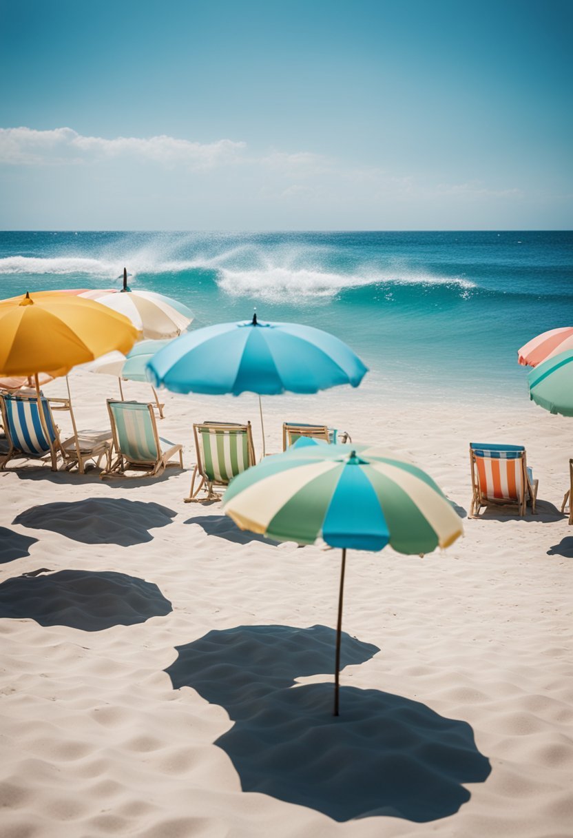 A sunny beach with clear blue waters, white sand, and a line of colorful umbrellas and beach chairs. Waves gently crash along the shore