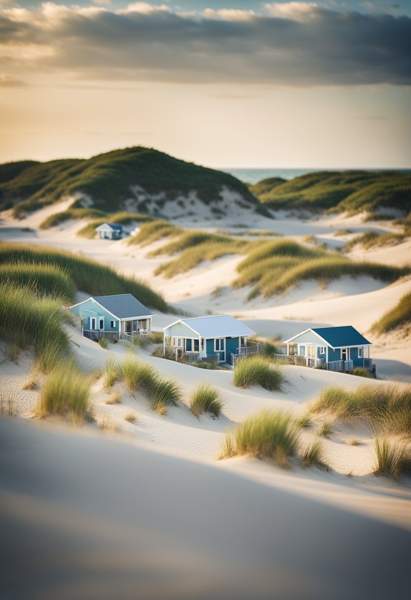 A serene beach with dunes, seagrass, and a wide expanse of sandy shoreline, bordered by the ocean on one side and a line of beachfront homes on the other