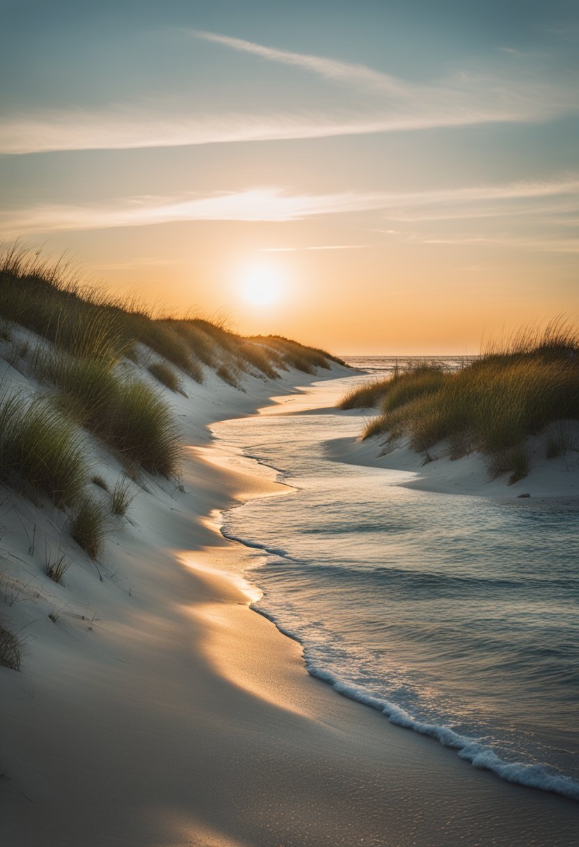 Sunset over calm waters, white sandy beaches, and lush dunes on Bald Head Island, North Carolina