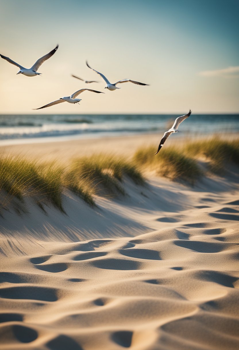 Golden sand, gentle waves, and seagulls flying overhead at Holden Beach, one of the 7 best beaches in North Carolina