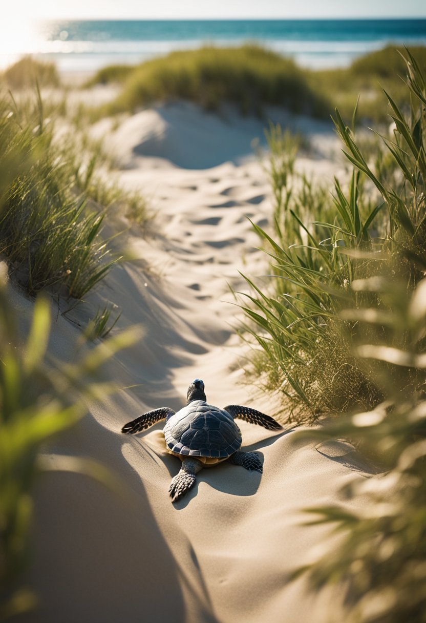 A serene beach with dunes, seagulls, and turtle nests, surrounded by lush coastal vegetation and the sound of crashing waves