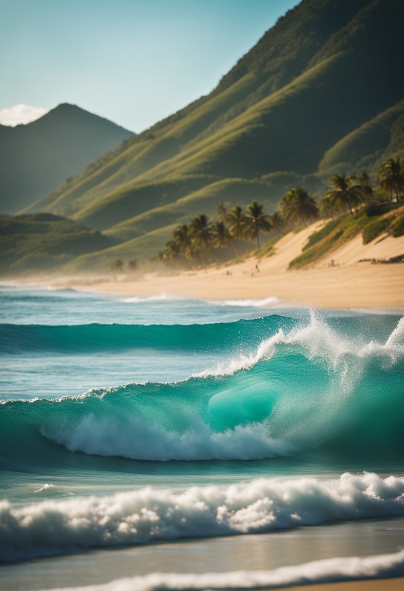 Turquoise waves crash against golden sand, framed by lush green mountains under a clear blue sky