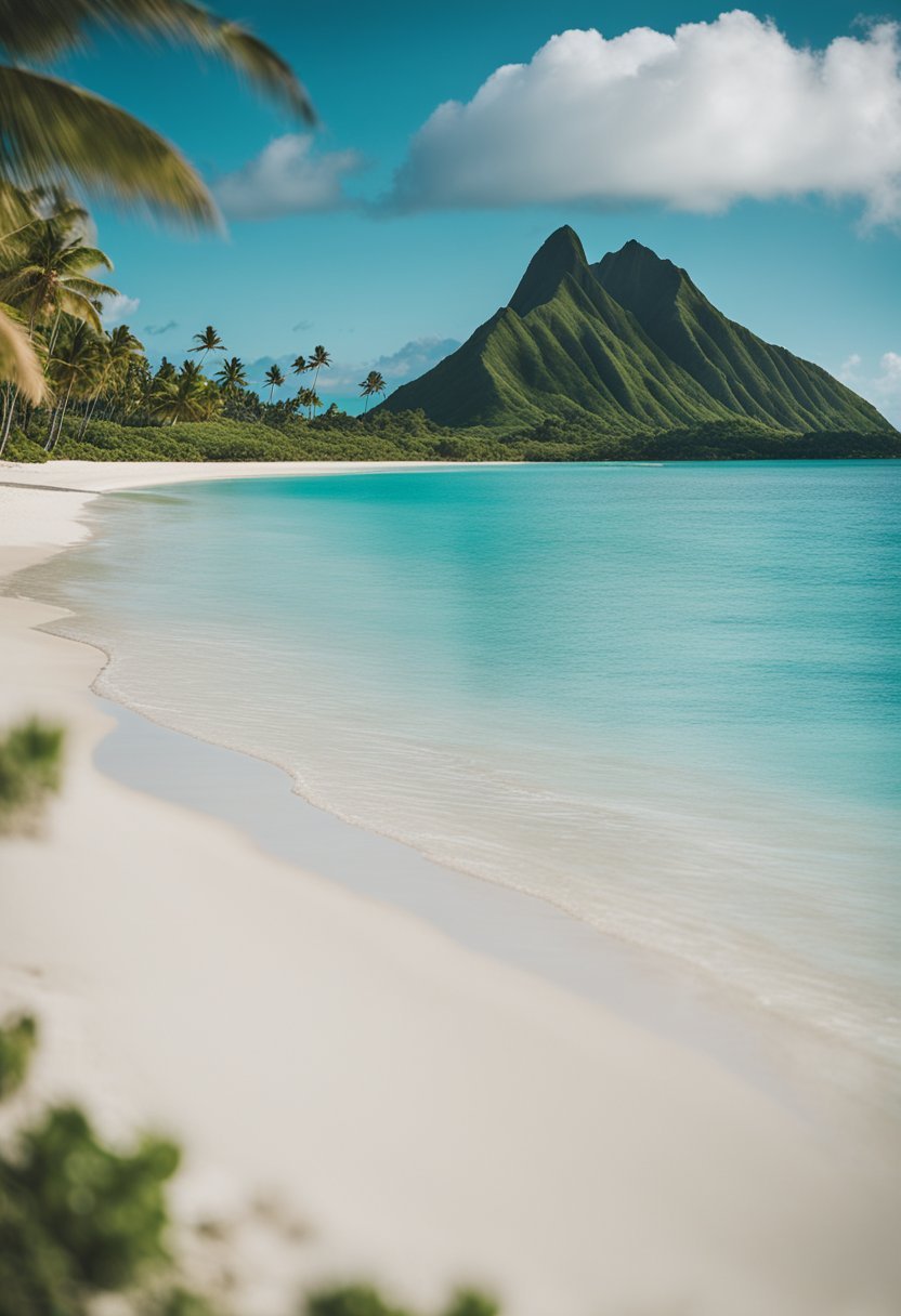 A serene Lanikai Beach with turquoise waters, white sandy shore, palm trees, and the iconic Mokulua Islands in the distance