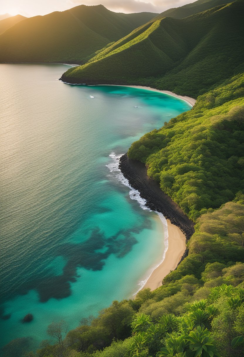 The sun sets over the tranquil waters of Hanauma Bay, with lush green cliffs surrounding the pristine beach