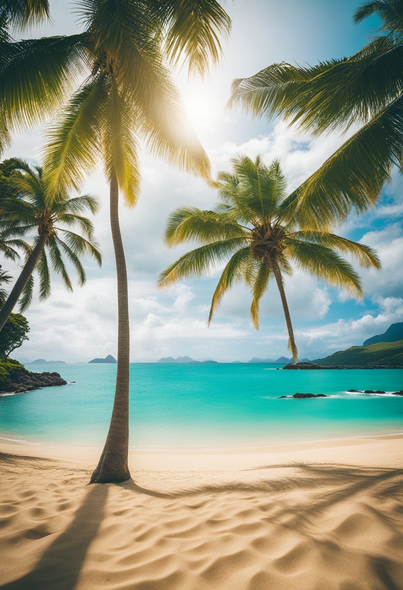 A vibrant beach scene with palm trees, golden sand, and turquoise waters at Kailua Beach Park, one of the best beaches in Oahu