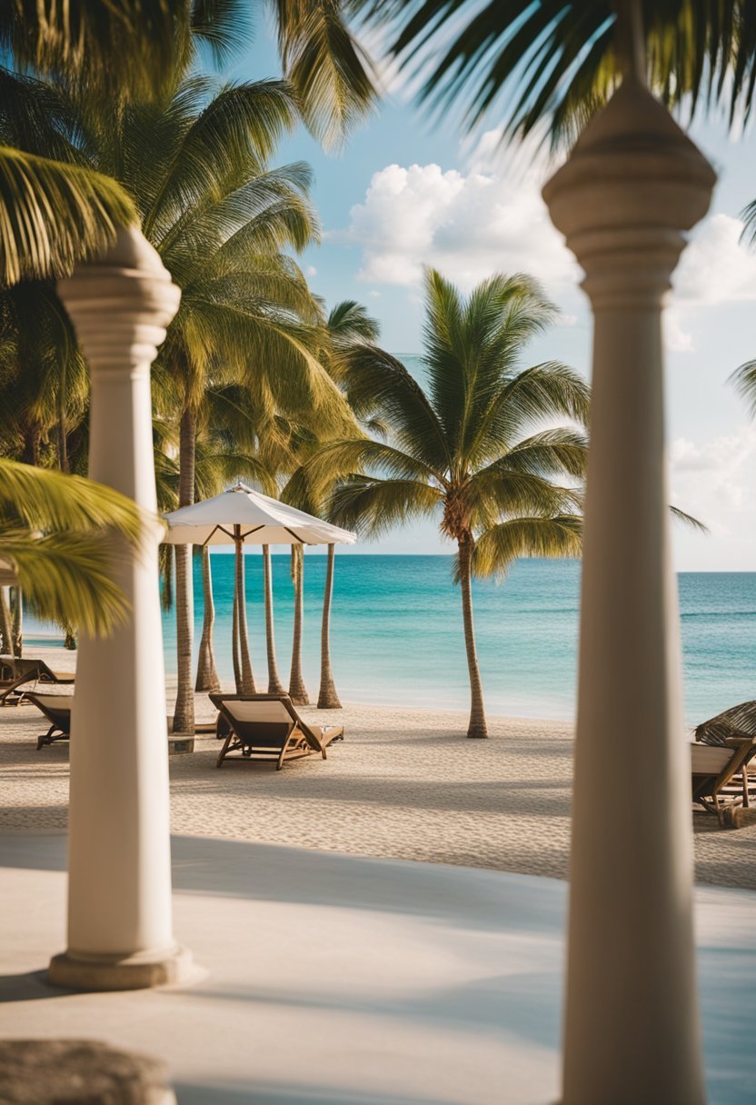 A luxurious beachfront resort with palm trees, crystal-clear waters, and elegant architecture nestled in the lush landscape of the Dominican Republic