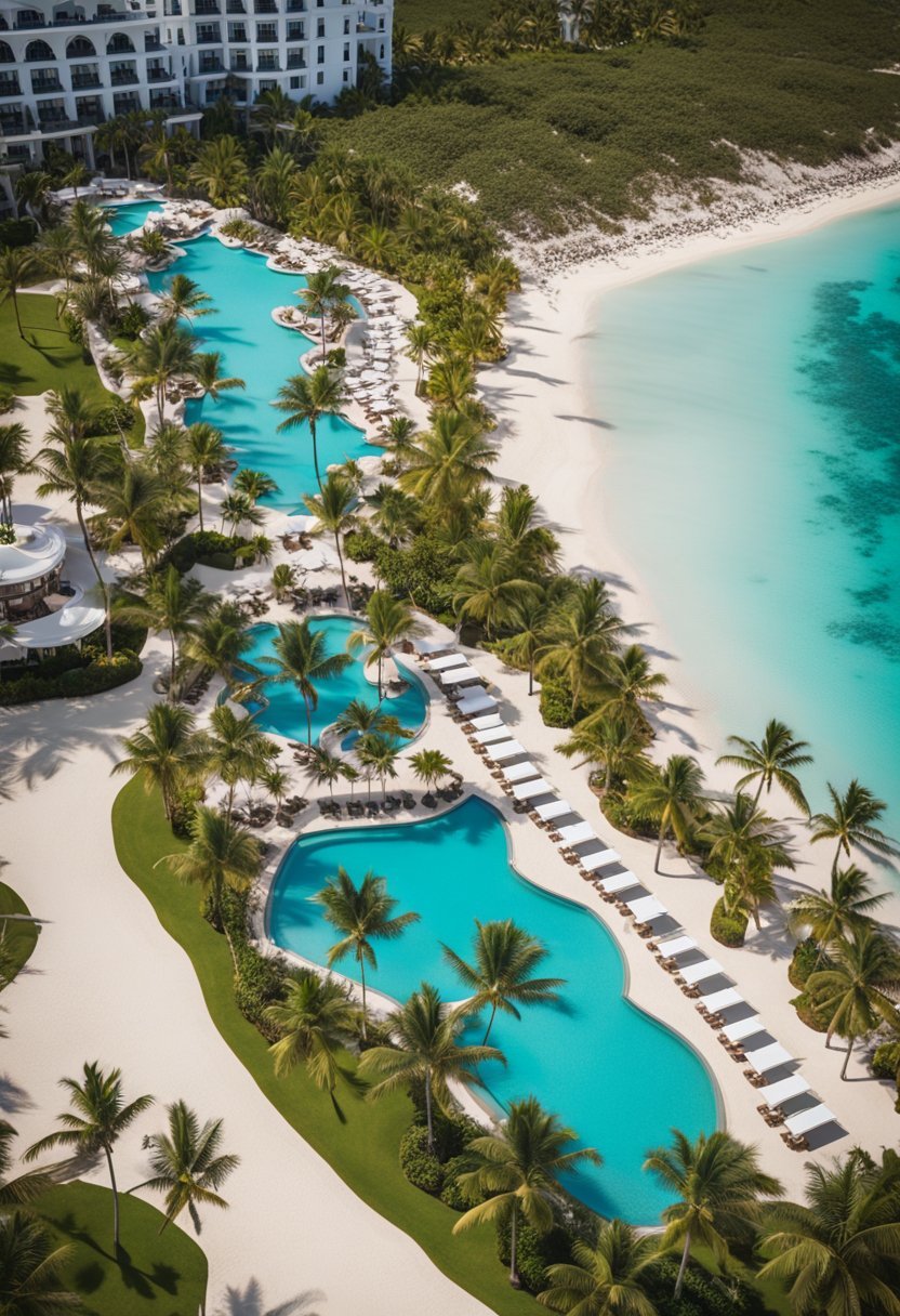 Aerial view of Hyatt Zilara Cap Cana, surrounded by palm trees, white sandy beaches, and crystal-clear turquoise waters