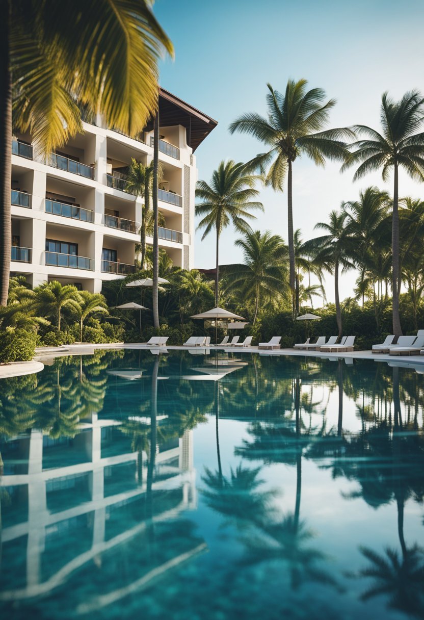 A luxurious beachfront hotel surrounded by palm trees and crystal-clear waters, with a backdrop of lush greenery and a clear blue sky