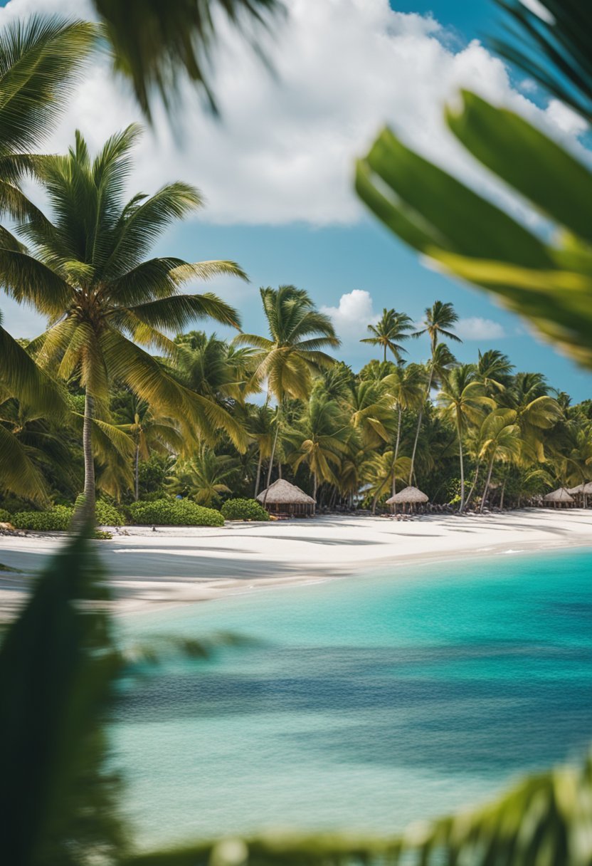 Lush tropical landscapes surround luxurious beachfront resorts in the Dominican Republic. Palm trees sway in the breeze as crystal-clear waters lap against white sandy beaches