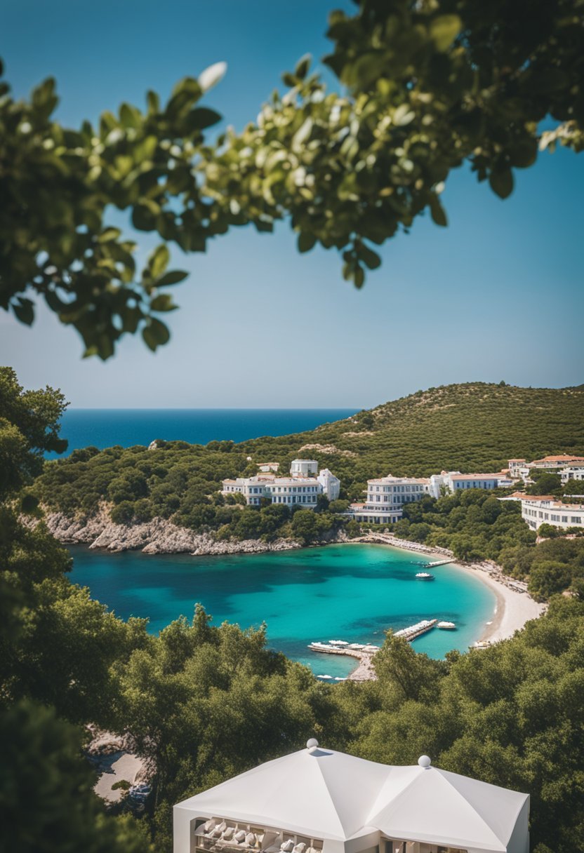 A picturesque view of Grace Hotel, surrounded by lush greenery and overlooking the crystal-clear waters of the Aegean Sea