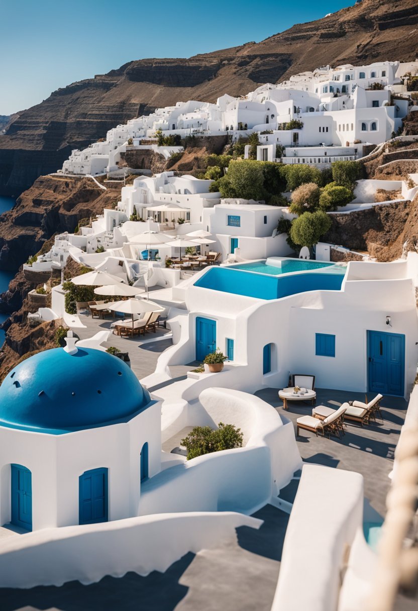 Aerial view of Canaves Oia Hotel in Santorini, Greece. Cliffside resort with white buildings, blue domes, and infinity pools overlooking the Aegean Sea