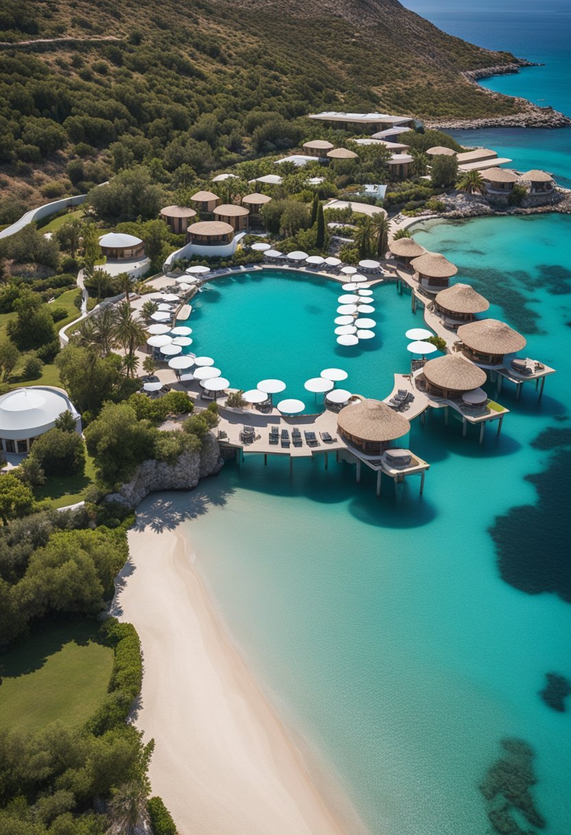 Aerial view of Stella Island Luxury Resort & Spa, surrounded by lush greenery and crystal clear waters of Crete, Greece