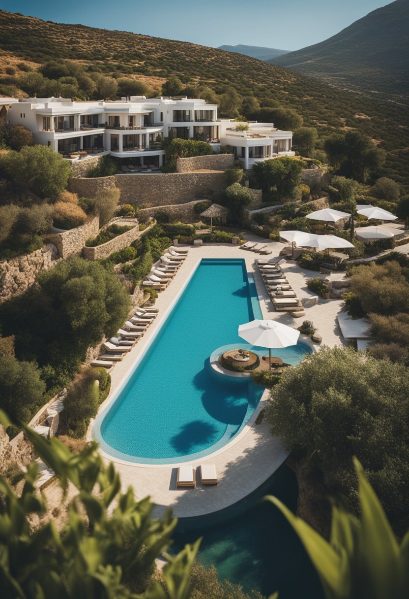 A luxurious resort nestled on the coast of Crete, with elegant villas, lush gardens, and a sparkling pool overlooking the Mediterranean Sea