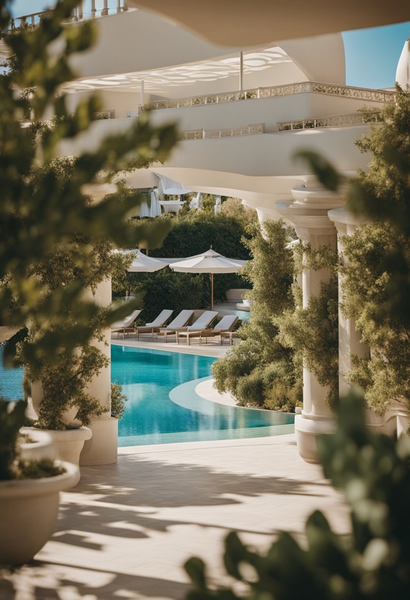 A luxurious beachfront resort in Athens, surrounded by lush gardens and crystal-clear waters, with elegant architecture and stunning views of the Aegean Sea