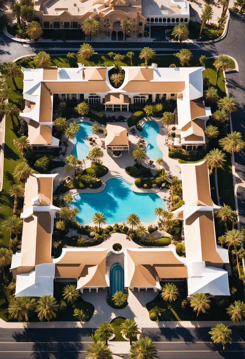 Aerial view of 5 luxurious resorts in Las Vegas, surrounded by pools, palm trees, and extravagant architecture