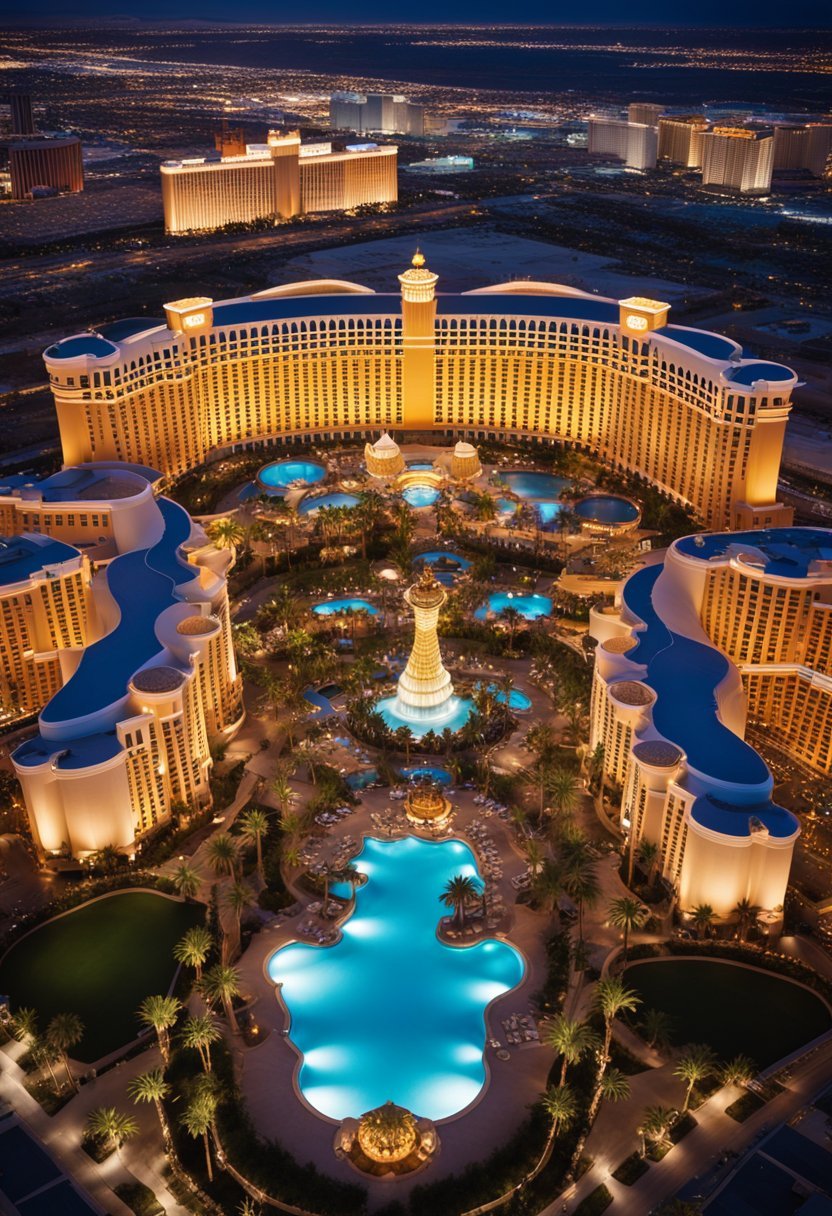 Aerial view of Wynn Las Vegas surrounded by 5 other luxury resorts in Las Vegas, with pools, palm trees, and city lights in the background