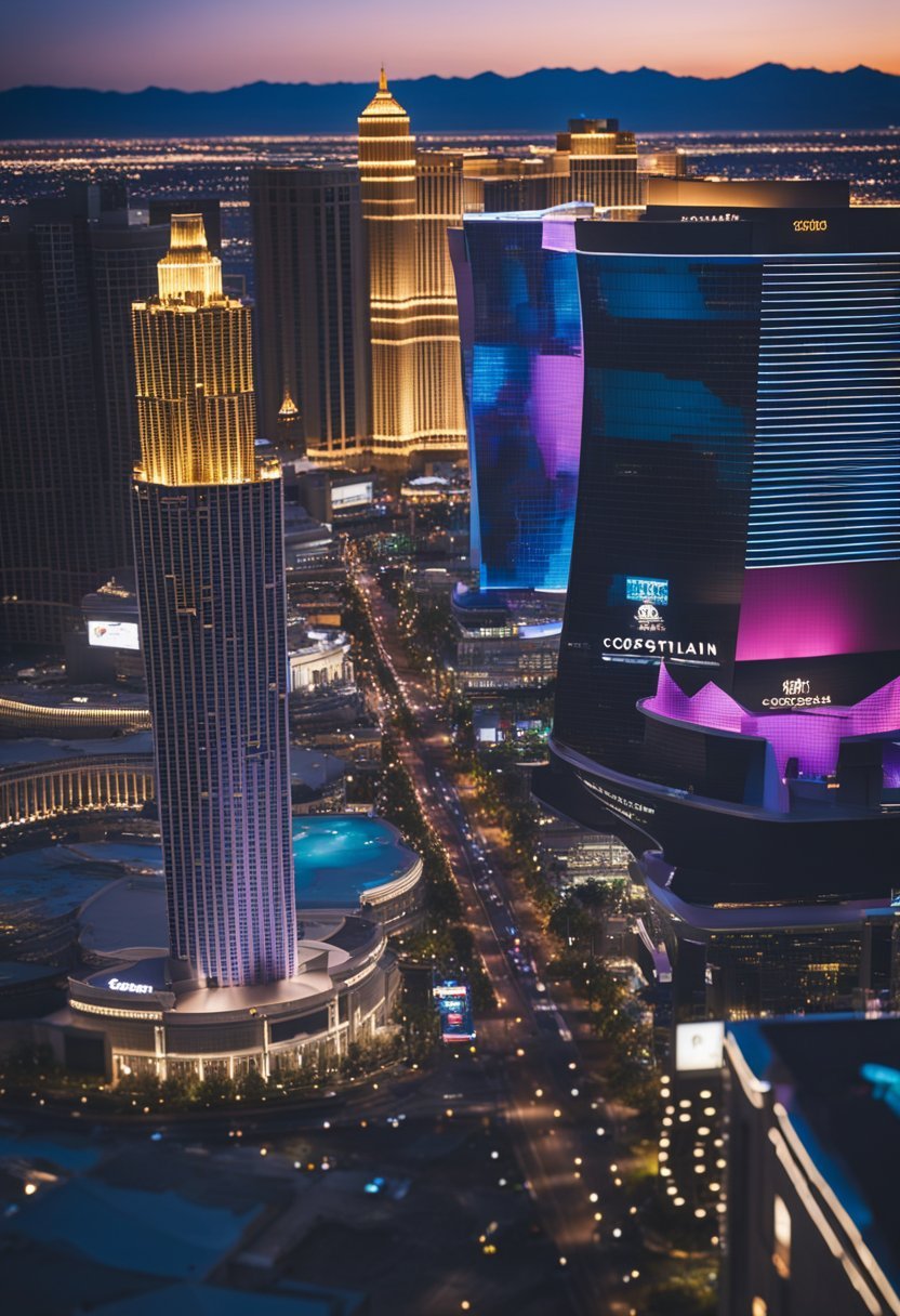 Aerial view of The Cosmopolitan of Las Vegas surrounded by other top resorts, with a bustling strip and iconic city skyline in the background