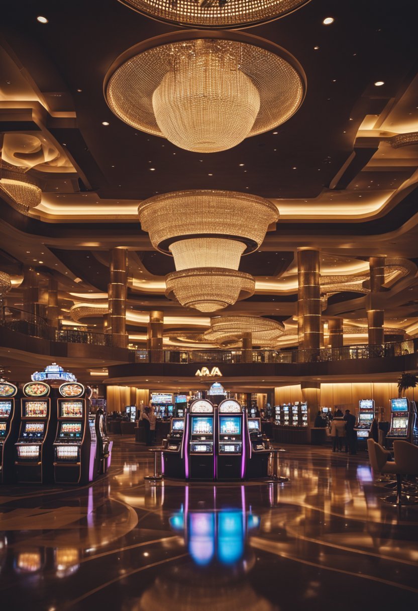 A bustling casino floor at ARIA Resort with slot machines, card tables, and neon lights, surrounded by elegant decor and lively energy