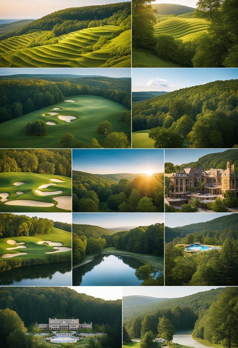 A serene landscape with 7 luxurious resorts nestled amidst rolling hills and lush forests in Virginia